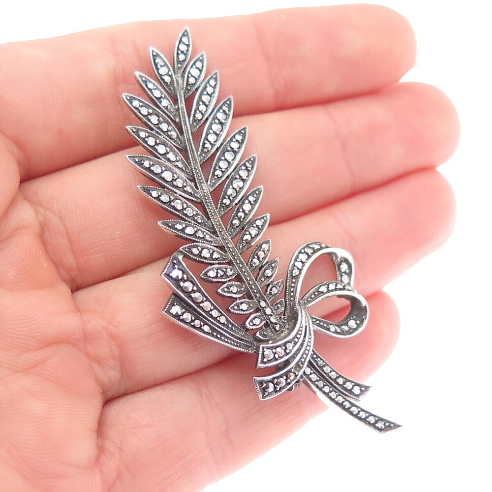 925 Sterling Silver Antique Germany Real Marcasite Pin Brooch (missing 1 stone) - Picture 1 of 8